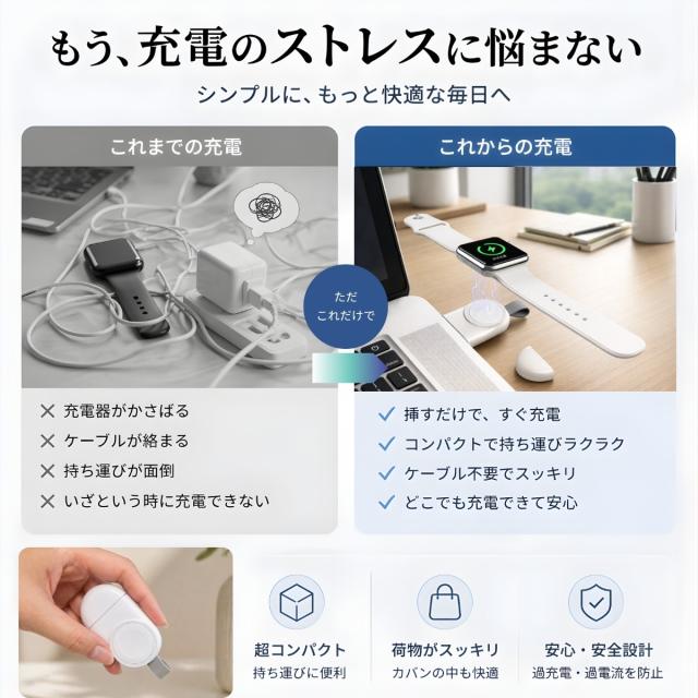 Apple Watch 用 充電器 磁気充電 ワイヤレス 直差し USB式 コンパクト設計 軽量モデル モバイルバッテリー接続 出張用 旅行用 サブ充電