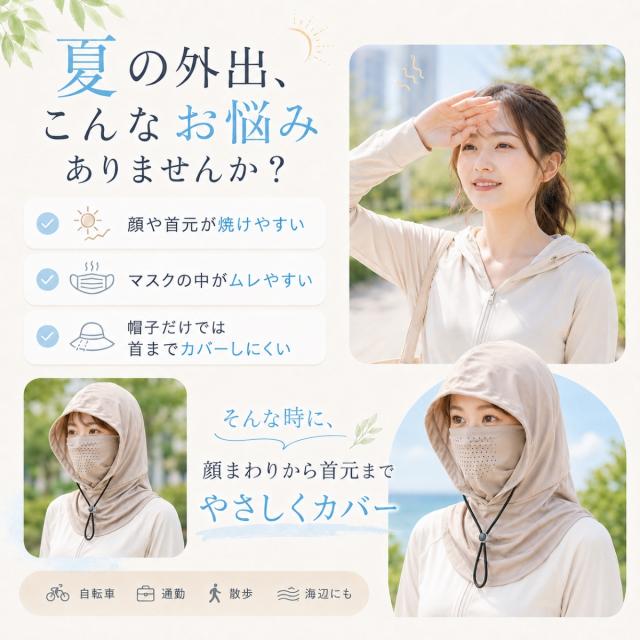 フード一体型 フェイスカバー UVフェイスカバー 日よけ帽子 ネックガード フェイスガード 自転車 通勤 散歩 アウトドア