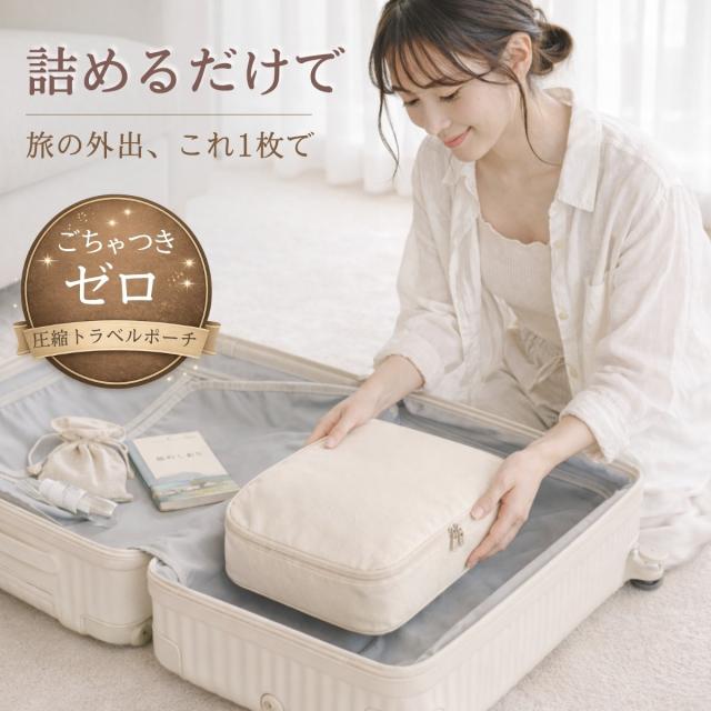 圧縮ポーチ トラベルポーチ 衣類圧縮 旅行収納 ファスナー圧縮 コンパクト収納 旅行グッズ スーツケース整理 軽量ポーチ 衣類収納 省スペース 出張 旅行便利グッズ