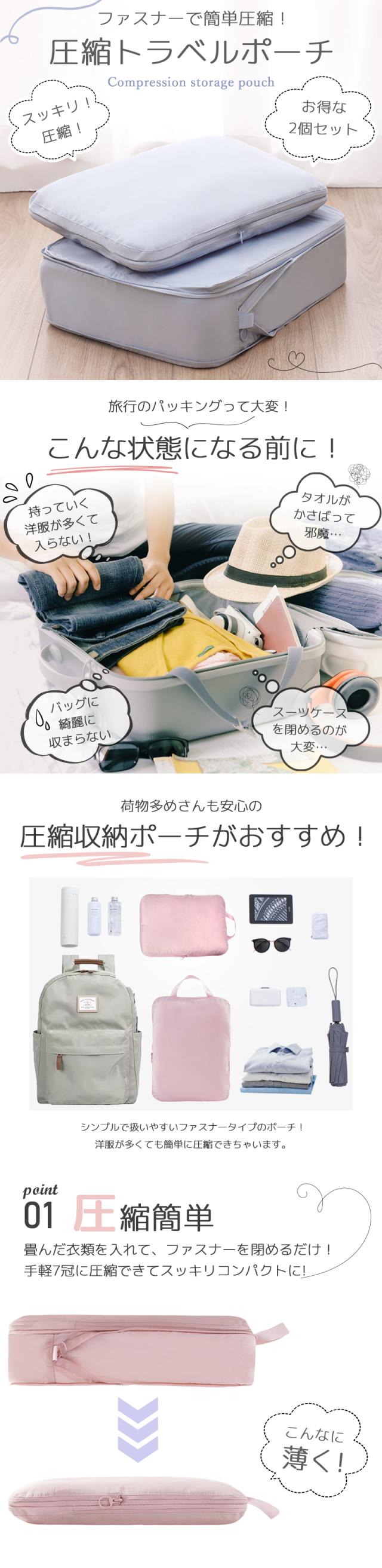 圧縮 トラベルポーチ セット 圧縮ポーチ  圧縮バッグ 旅行用 ポーチ 圧縮袋 2点セット 収納ポーチ バッグインバッグ おむつポーチ 国内旅行 海外旅行 レディース メンズ 子供 撥水 おしゃれ