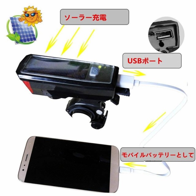 自転車ライト LED ヘッドライト 高輝度 ソーラー充電＆USB充電式
