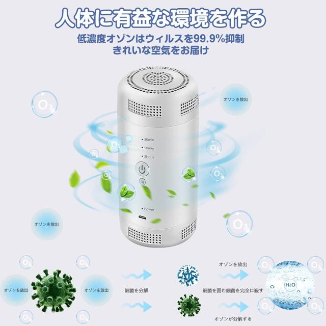 オゾン発生器 低濃度 0.1ppm ミニ空気清浄機 車載オゾン発生器 小型脱臭機 冷蔵庫-10℃対応 オゾン脱臭 99.98%殺菌 USB充電式 内蔵バッテリー 食物鮮度保持 6畳適用 定期的に消毒 花粉対策