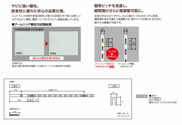 南海プライウッド アームハング棚柱SS 高さ1820mm 2本入 SS-H18の通販