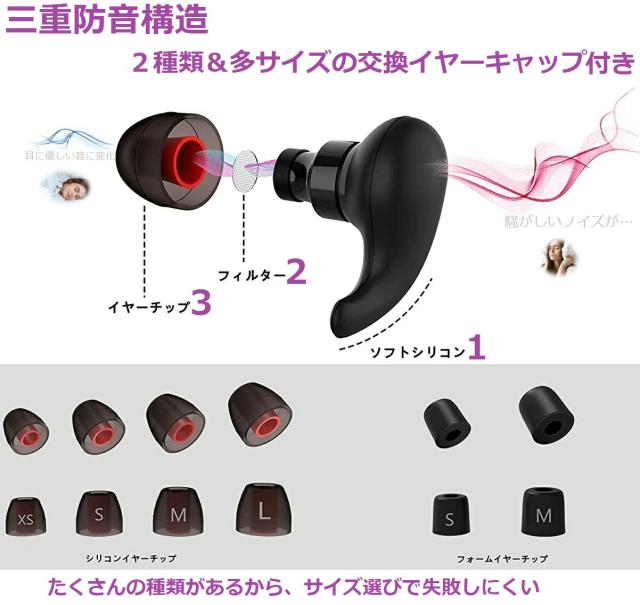 遮音フィルター付き睡眠用耳栓 32dB 説明書付き ブラック とお