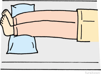 ●かかとへの体圧は、若い方でも比較的早く感じます。　パットをふくらはぎにあて、かかと全体を浮かせるようにしてください。 
