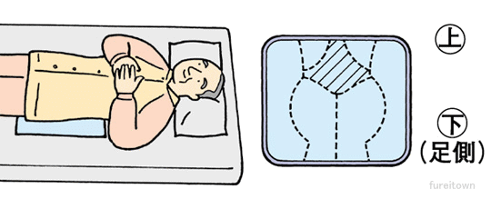 背柱を圧迫しないように縫い目に添わせて、仙骨部にビーズの入っていない部分をあてます。ひざを立てると圧迫を受けやすいので気をつけてください。