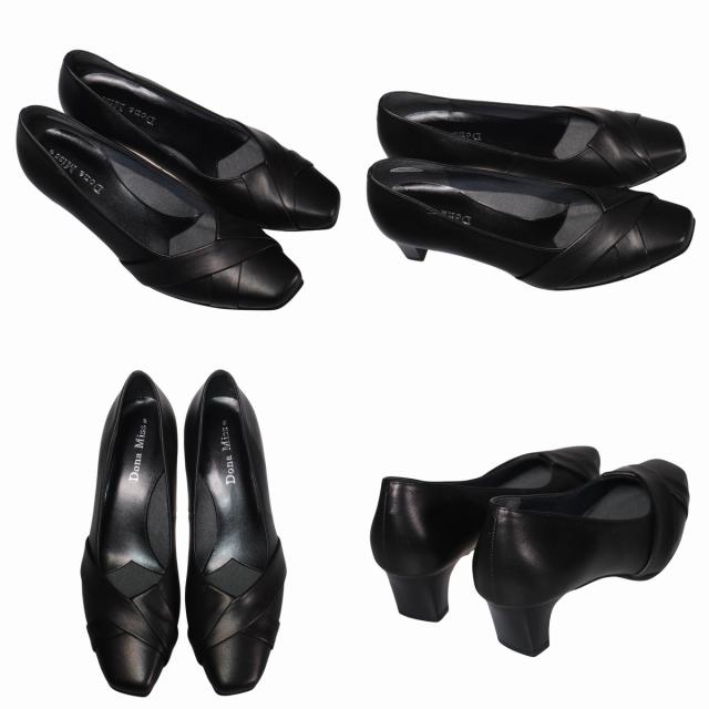 【靴のHOSHIKAWA】  『Dona Miss 1286』 ドナミス パンプス 21.5cm〜24.5cm EEE ブラック レディース ローヒール アーモンドトゥ フォーマル カジュアル 幅広 牛革 国産