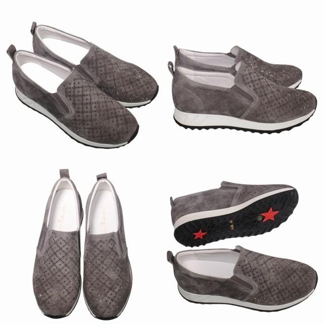 【靴のHOSHIKAWA】  『de ocho A de ocho 162-18837』 デオチョアデオチョ スリッポン 22cm〜25.5cm レディース ブラック レザースニーカー ラインストーン スウェード 厚底 本革