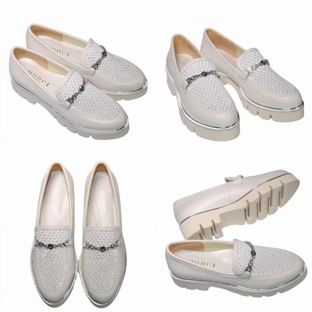 【靴のHOSHIKAWA】  『MONET 211520』 モネ ビットローファー 21.5cm〜24.5cm EEE トラックソール レディース シロ ラインストーン 通気性 国産 本革 春夏