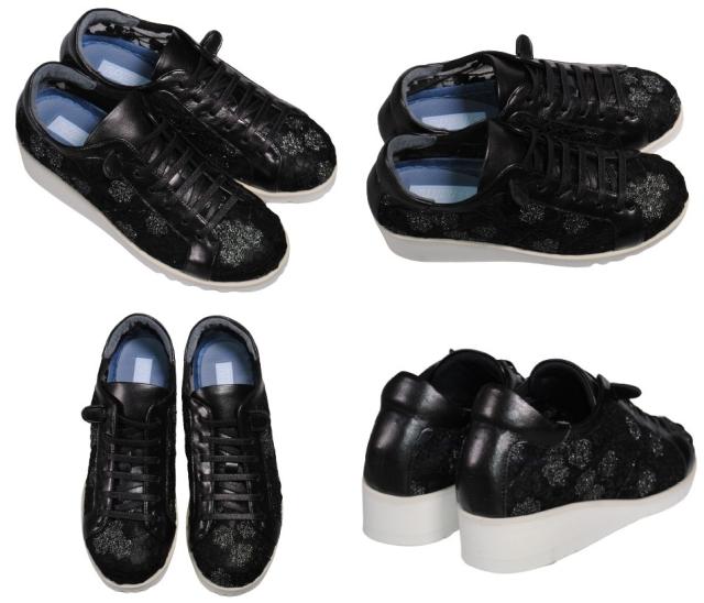 【靴のHOSHIKAWA】  『hatchi 2427』 ハッチ レザースニーカー 21.5cm〜24.5cm EEEE チュールレース 花柄 レディース ブラック 本革 国産 春夏