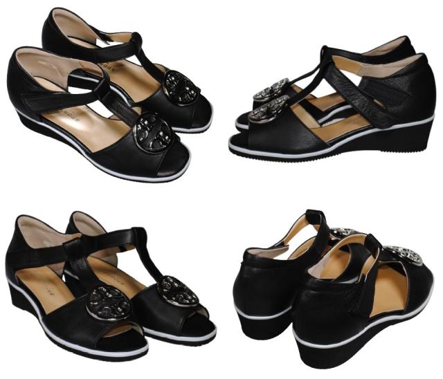 【靴のHOSHIKAWA】  『SPORTS NINE 4707』 スポーツナイン サンダル 21.5cm〜24.5cm EEE ブラック オープントゥ ウェッジソール マジックテープ コンフォート バックベルト 日本製 本革 春夏