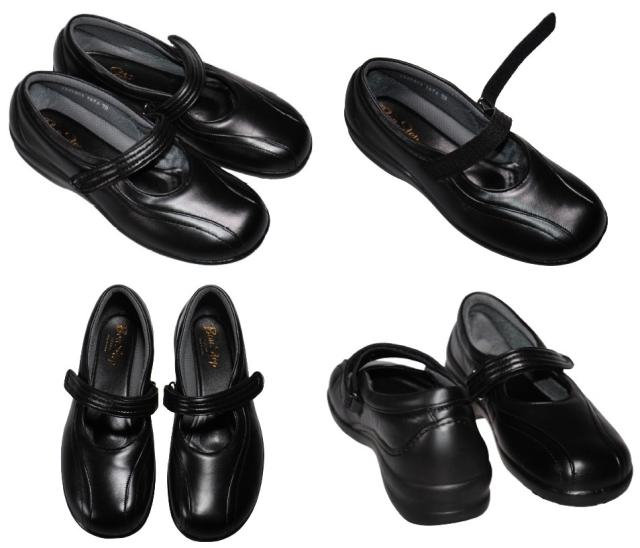 【靴のHOSHIKAWA】  『BON STEP 2874』 ボンステップ コンフォートパンプス 22cm〜24.5cm EEEE マジックテープ ブラック 外反母趾 幅が広い 国産 牛革 撥水