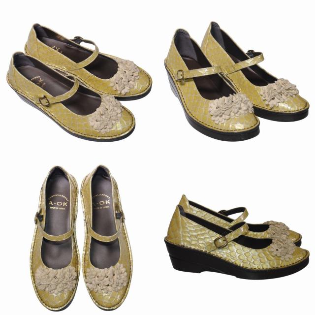 【靴のHOSHIKAWA】  『A-OK 32362』 エーオーケー パンプス 22cm〜24.5cm 幅広 オープントゥ レディース イエロー エナメル 厚底 甲バンド ストラップ 天然皮革 日本製