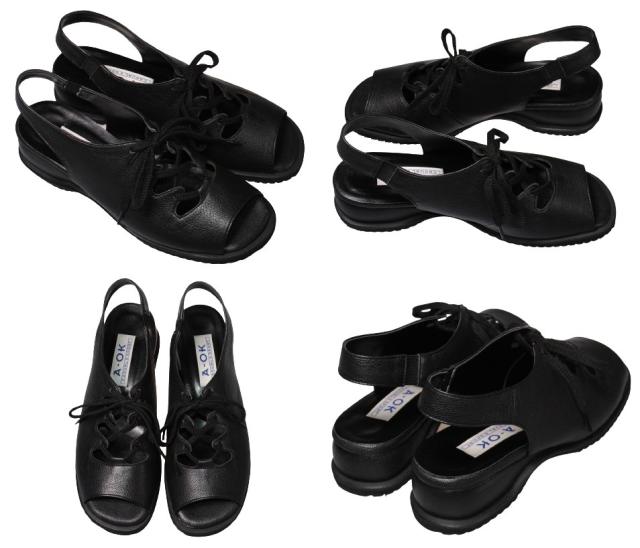 【靴のHOSHIKAWA】  『A-OK 3718』 エーオーケー コンフォート サンダル 21.5cm〜25cm EEEE ブラック レースアップ バックベルト 幅広 軽量 日本製 牛革 春夏