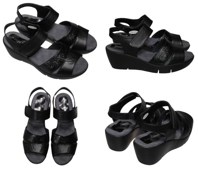 【靴のHOSHIKAWA】  『Dona Miss 3760』 ドナミス バックバンドサンダル 21.5cm〜24.5cm EEE ブラック レディース ウェッジヒール マジックテープ 国産 本革 春夏