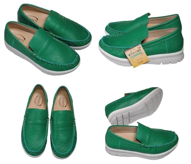 【靴のHOSHIKAWA】  『AIRRUN 6847』 エアーラン スリッポン 22.5cm〜24.5cm EEEE グリーン カジュアル レディース ローファー 牛革 厚底 軽い 幅広 国産