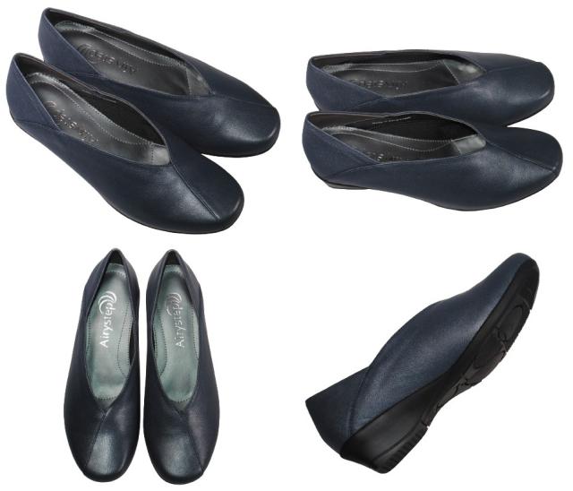 【靴のHOSHIKAWA】  『Airystep 7537』 エアリーステップ パンプス 22.5cm〜24.5cm EEE ネイビー レディース ウェッジソール カジュアル 牛革 国産