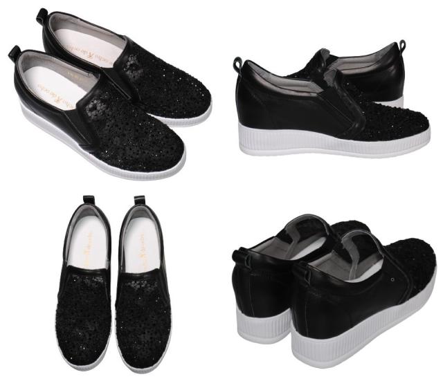 【靴のHOSHIKAWA】  『de ocho A de ocho 816-29』 デオチョアデオチョ スリッポン 22cm〜24.5cm レディース ブラック レザースニーカー ラインストーン 厚底 本革