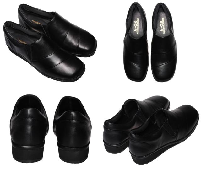 【靴のHOSHIKAWA】  『A-OK 9461』 エーオーケー スリッポン 22cm〜24.5cm EEEE ブラック カジュアル レディース ローヒール スクエアトゥ 牛革 防滑