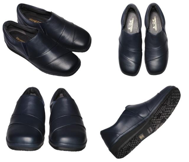 【靴のHOSHIKAWA】  『A-OK 9461』 エーオーケー スリッポン 22cm〜24.5cm EEEE ブラック カジュアル レディース ローヒール スクエアトゥ 牛革 防滑