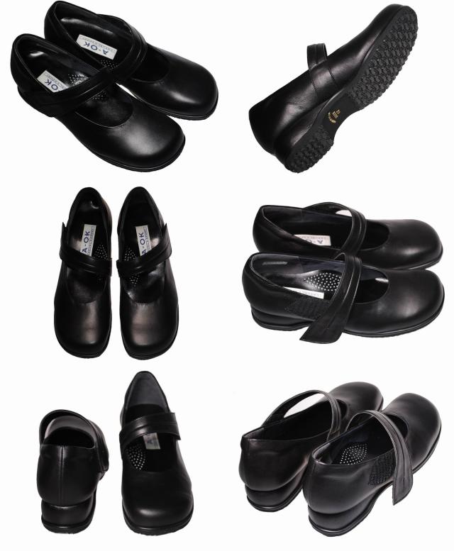 【靴のHOSHIKAWA】  『A-OK 3834』 22cm〜24.5cm EEEE レディース パンプス マジックテープ コンフォート 幅が広い スクエアトゥ 日本製 本革