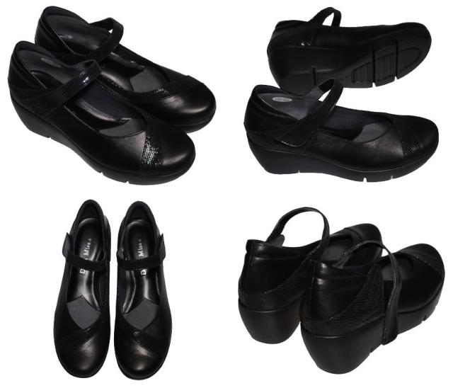 【靴のHOSHIKAWA】  『Dona Miss 3707』 ドナミス  21.5cm〜24.5cm EEE ブラック レディース ウェッジソール ベルクロ 幅広 牛革 国産