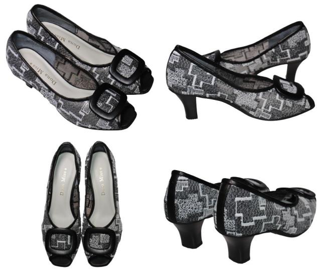 【靴のHOSHIKAWA】  『Dona Miss 7118』 21.5cm〜24.5cm EEE ドナミス パンプス レディース ライトグレー バックル ローヒール チュールレース 国産 本革 春夏