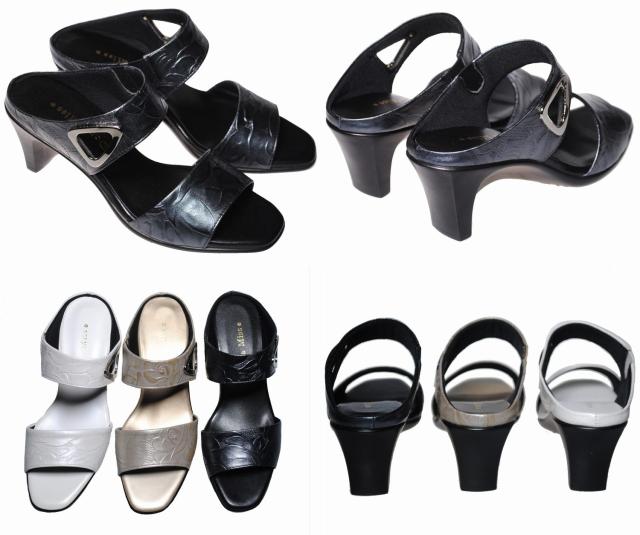 【靴のHOSHIKAWA】  『Dona Miss 335』 ドナミス ミュール 21.5cm〜24.5cm レディース ブラック サンダル 花柄型押し 前開き 国産 天然皮革 春夏