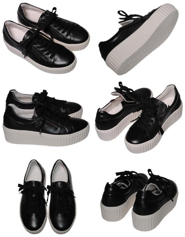 【靴のHOSHIKAWA】  『Gabor 93200』 ガボール レザースニーカー 22cm〜25.5cm 幅広 ブラック レースアップ 両側ファスナー コンフォート 本革 スロバキア製