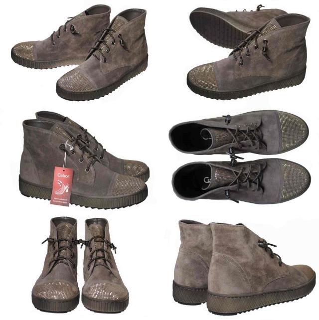 【靴のHOSHIKAWA】  『Gabor 73761』 ガボール ショートブーツ 23cm〜25.5cm レディース レースアップ スタッズ ハイカット グレー