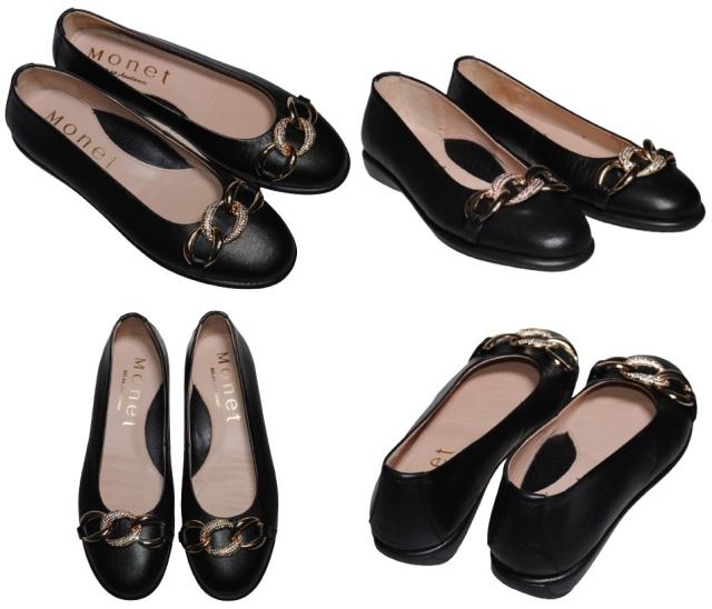 【靴のHOSHIKAWA】  『MONET 1624』 モネ パンプス 22.5cm〜25cm EEE カッター レディース フラット底 ブラック ラインストーン カジュアル 本革 国産