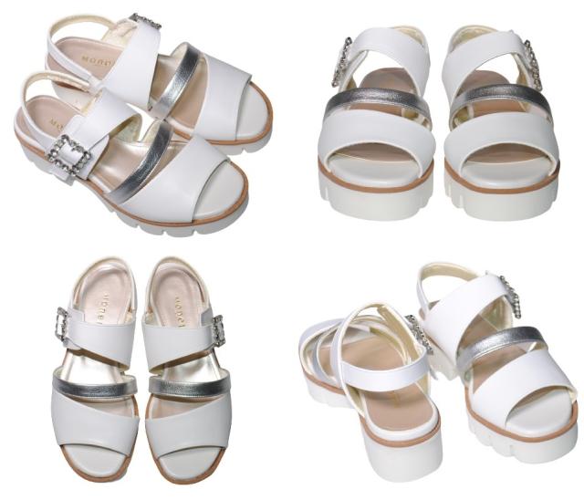 【靴のHOSHIKAWA】  『MONET 212301』 モネ サンダル 21cm〜24.5cm EEE ホワイト レディース ビジュー ストラップ ウェッジソール バックベルト 本革 国産 春夏