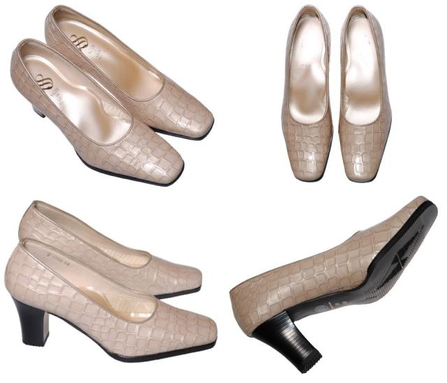 【靴のHOSHIKAWA】  『SALON DE GRES 2696』 サロンドグレー パンプス 21.5cm〜25cm EE レディース グレージュE エナメル 牛革型押し 日本製 ヒール