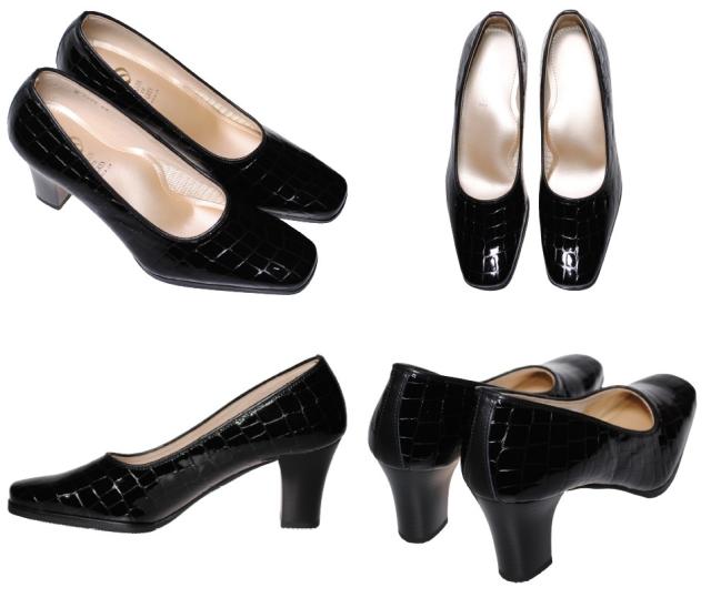 【靴のHOSHIKAWA】  『SALON DE GRES 2696』 サロンドグレー パンプス 21.5cm〜25cm EE レディース グレージュE エナメル 牛革型押し 日本製 ヒール