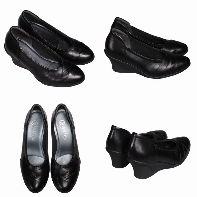 【靴のHOSHIKAWA】  『Airystep 6051』 エアリーステップ パンプス 22cm〜24.5cm EEE ブラック  レディース ウェッジソール カジュアル 牛革 オールシーズン