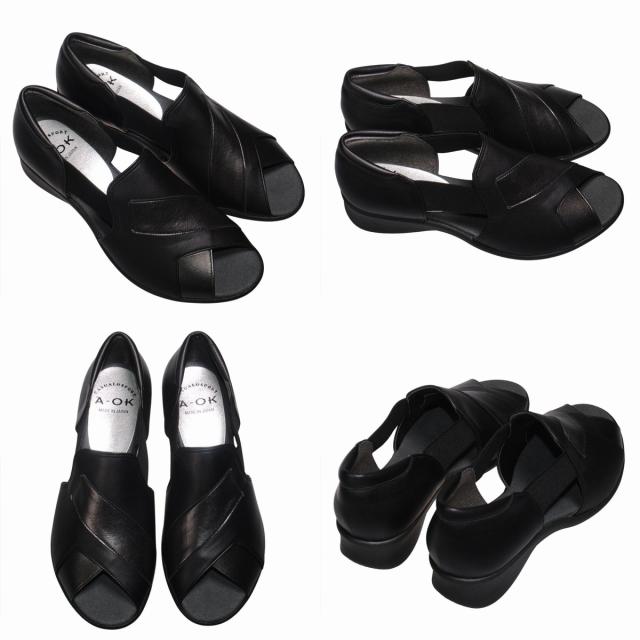 【靴のHOSHIKAWA】  『A-OK 0790』 エーオーケー サンダル 22cm〜24.5cm EEE オープントゥ レディース クロ コンフォート ウェッジソール 天然皮革 日本製 春夏