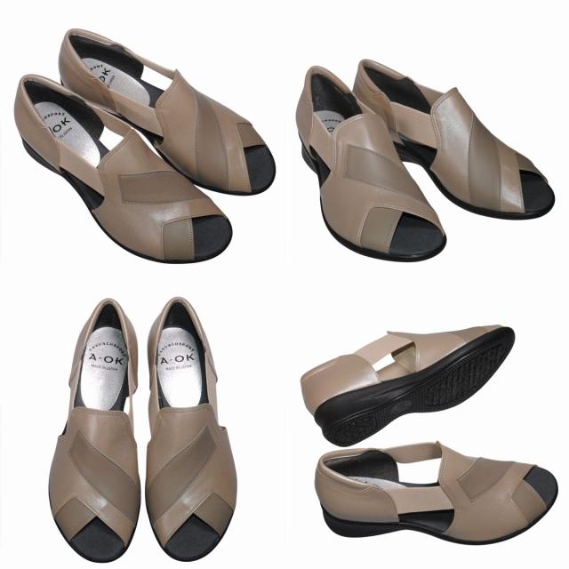 【靴のHOSHIKAWA】  『A-OK 0790』 エーオーケー サンダル 22cm〜24.5cm EEE オープントゥ レディース クロ コンフォート ウェッジソール 天然皮革 日本製 春夏