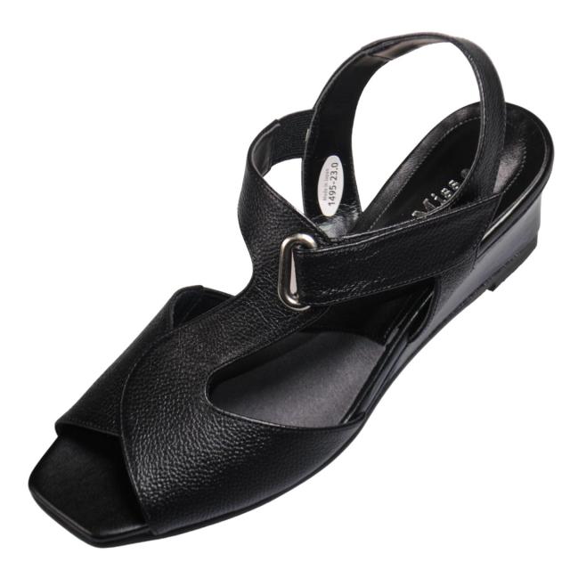 【靴のHOSHIKAWA】  『Dona Miss 1495』 ドナミス ウェッジソールサンダル 21.5cm〜24.5cm EEE ブラック レディース オープントゥ マジックテープ 国産 本革 春夏