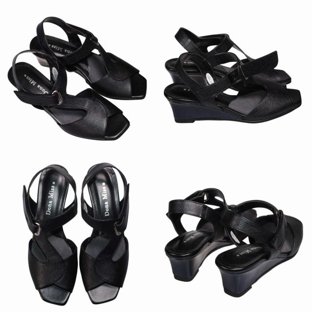 【靴のHOSHIKAWA】  『Dona Miss 1495』 ドナミス ウェッジソールサンダル 21.5cm〜24.5cm EEE ブラック レディース オープントゥ マジックテープ 国産 本革 春夏