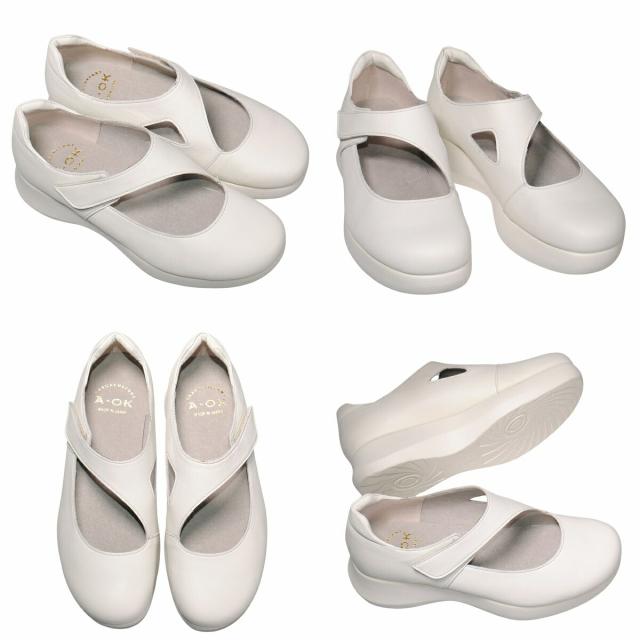 【靴のHOSHIKAWA】  『A-OK 33364』 エーオーケー 厚底パンプス 22cm〜24.5cm EEEE ブラック カジュアル レディース ボリュームソール マジックテープ 幅が広い 牛革 国産