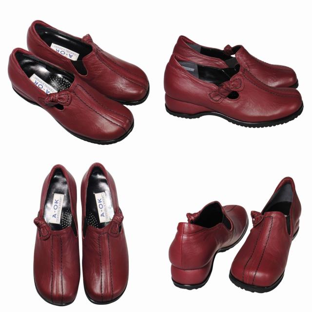 【靴のHOSHIKAWA】  『A-OK 3863』 エーオーケー スリッポン 21.5cm〜25cm EEEE ワイン カジュアル レディース 外反母趾 スクエアトゥ コンフォート 日本製 牛革 防滑