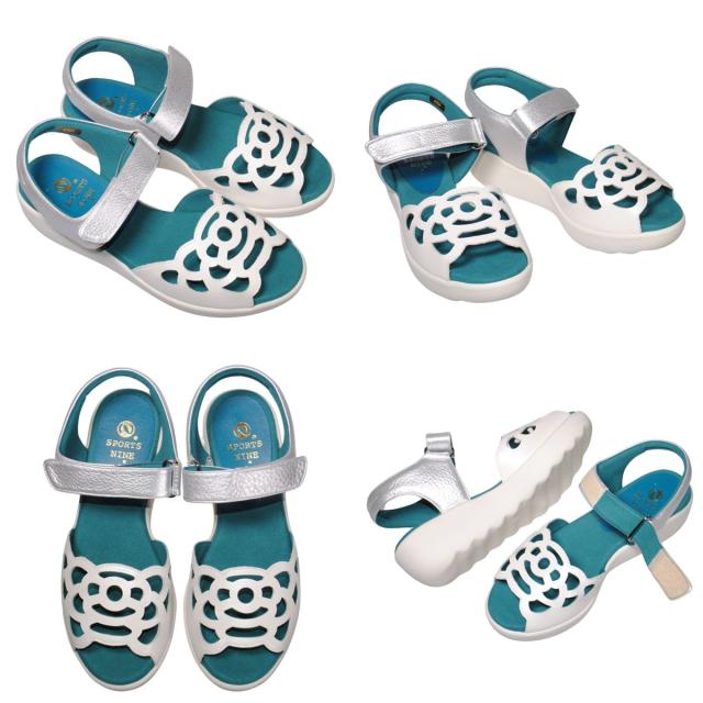 【靴のHOSHIKAWA】  『SPORTS NINE 4707』 スポーツナイン サンダル 21.5cm〜24.5cm EEE ピンク オープントゥ ウェッジソール マジックテープ コンフォート バックベルト 日本製 本革 春夏