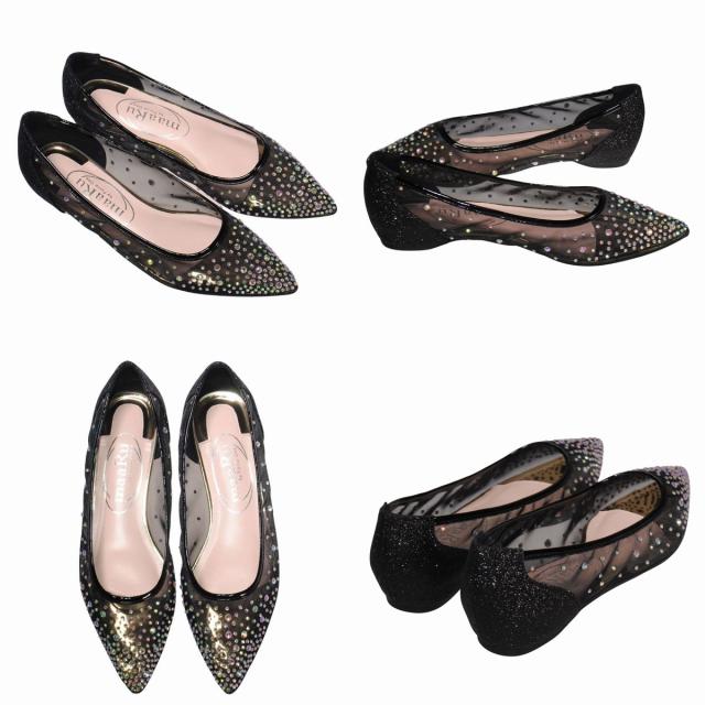 【靴のHOSHIKAWA】  『maaRu 5603』 マアル カジュアルパンプス 22.5cm〜24.5cm レディース チュールレース ポインテッドトゥ ラインストーン ぺたんこ 通気性 軽量 春夏