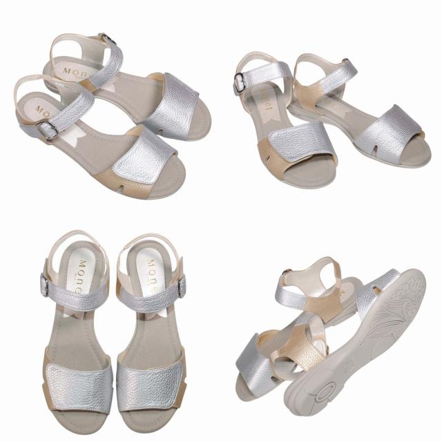 【靴のHOSHIKAWA】  『Monet 881551』 カジュアルモネ サンダル 21.5cm〜24.5cm EEE レディース シルバー ストラップ オープントゥ フラット底 軽量 日本製 本革 春夏