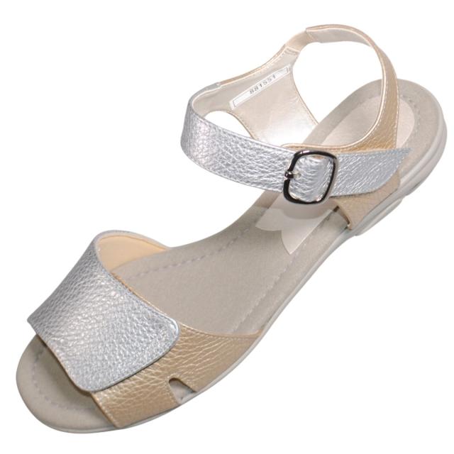 【靴のHOSHIKAWA】  『Monet 881551』 カジュアルモネ サンダル 21.5cm〜24.5cm EEE レディース シルバー ストラップ オープントゥ フラット底 軽量 日本製 本革 春夏