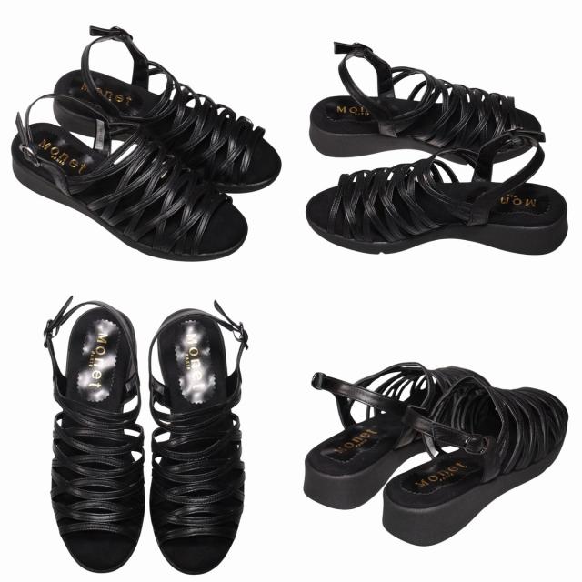 【靴のHOSHIKAWA】  『Monet 881553』 カジュアルモネ サンダル 21.5cm〜24.5cm EEEE レディース ブラック ストラップ 編込み フラット底 軽量 日本製 本革 春夏