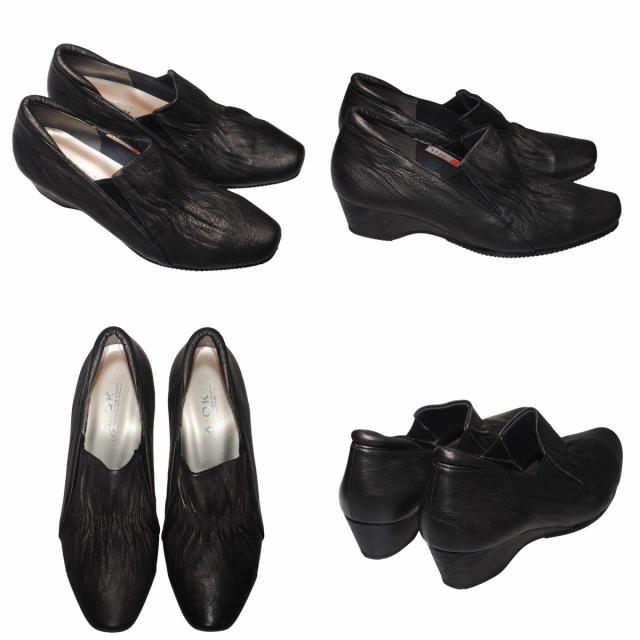 【靴のHOSHIKAWA】  『A-OK 1020』 22cm〜24.5cm EEEE レディース パンプス ブラック ローヒール 幅が広い アーモンドトゥ サイドゴア シボ加工 日本製 本革 幅広