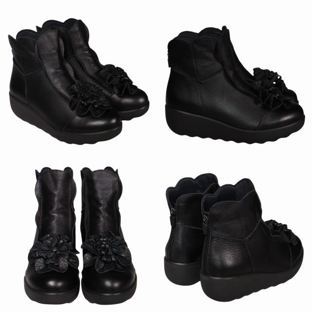 【靴のHOSHIKAWA】  『SPORTS NINE 1422』 スポーツナイン ショートブーツ 21.5cm〜24.5cm EEE ブラック レディース ショート丈 厚底 ブーツ 花コサージュ 後ろファスナー 本革 国産 秋冬