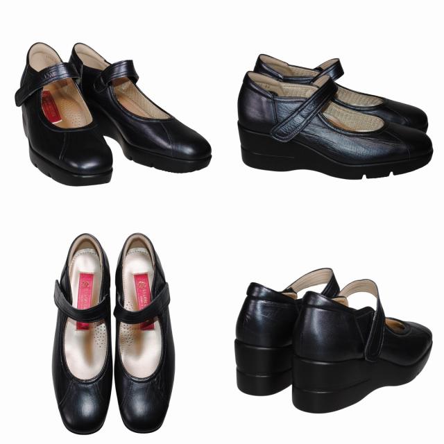 【靴のHOSHIKAWA】  『SALON DE GRES SL18386』 サロンドグレー パンプス 22cm〜24.5cm EEEE ブラック レディース ウェッジソール マジックテープ コンフォート 日本製 本革 幅広 外反母趾