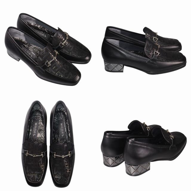 【靴のHOSHIKAWA】  『MONET 333510』 モネ ビットローファー 21cm〜24.5cm EEE ブラックC レディース ローヒール エナメル加工 静音リフト 軽量設計 国産 本革